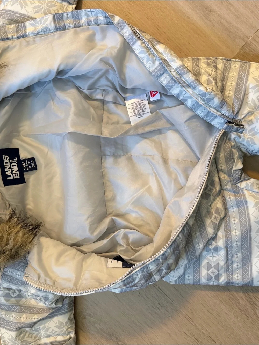 Baby lands end One-Piece with Faux Fur Hood - Light Gray and ivory cream